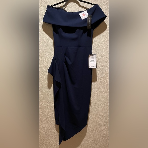 NWT Betsy Adam Off The Shoulder Ruffle Dress Navy Blue Size 6 - Picture 15 of 16